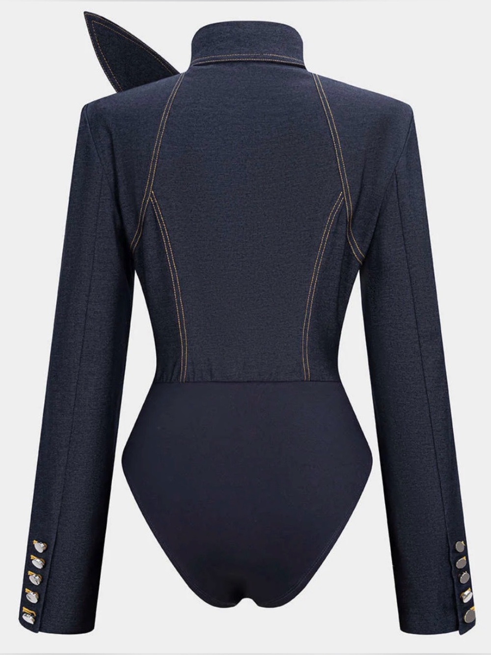 083. Micas M Dark Denim Tie-Neck Bodysuit - Picture 3 of 4